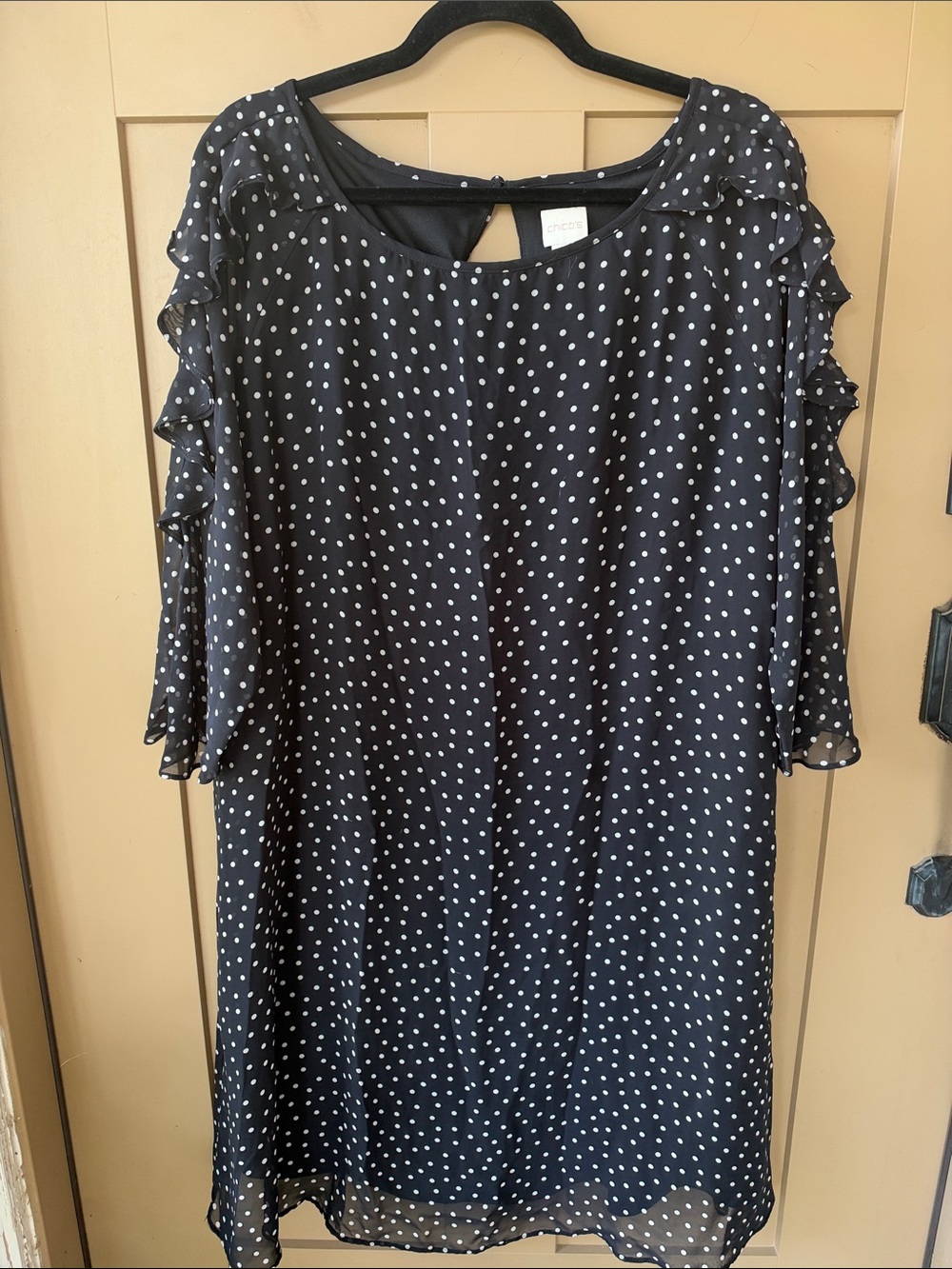 Chico's XL Black and White Polka Dot Ruffle-Sleeve Chiffon Midi Dress